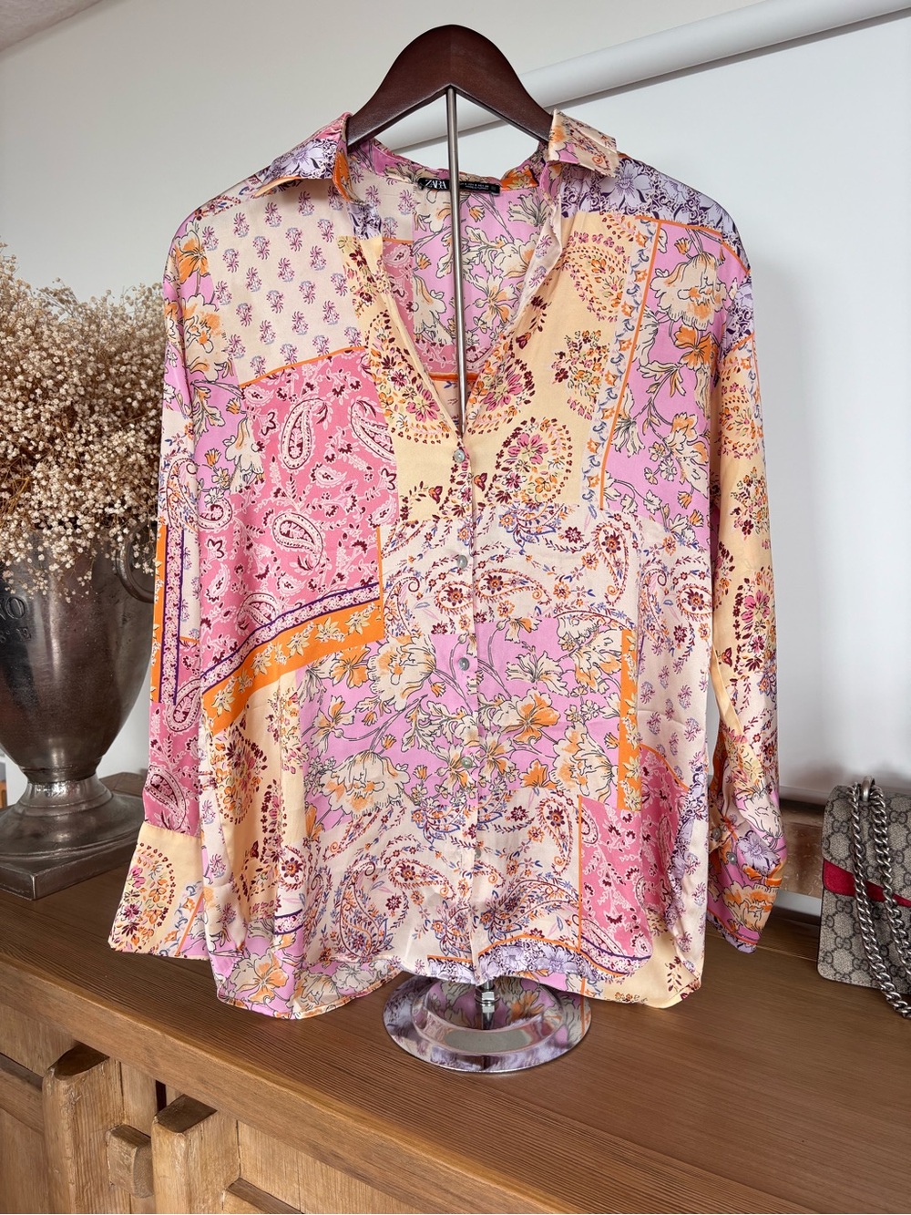 Zara S Patchwork Paisley Button Up Shirt in Pink and Cream Silk Feels Blouse - Picture 3 of 16